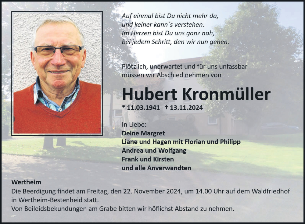  Traueranzeige für Hubert Kronmüller vom 19.11.2024 aus Fränkische Nachrichten