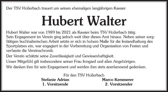 Traueranzeige von Hubert Walter von Fränkische Nachrichten