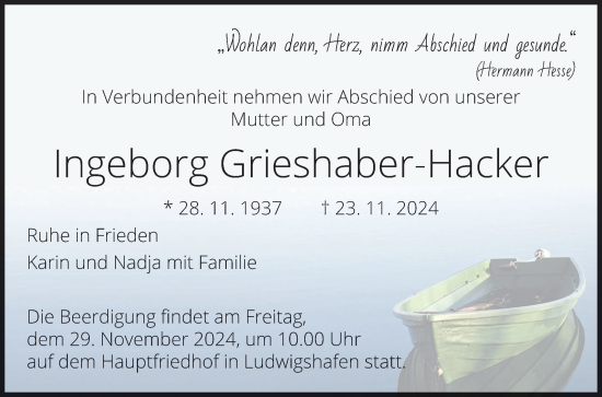 Traueranzeige von Ingeborg Grieshaber-Hacker von Mannheimer Morgen