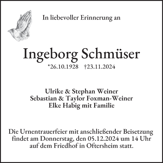 Traueranzeige von Ingeborg Schmüser von Schwetzinger Zeitung