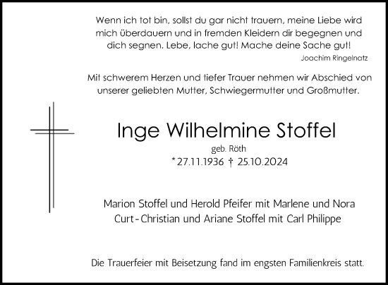 Traueranzeige von Inge Wilhelmine Stoffel von Mannheimer Morgen