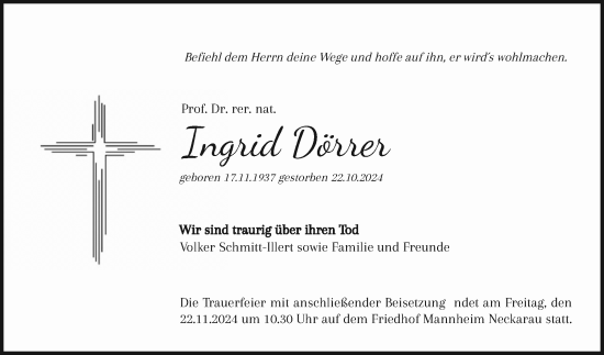 Traueranzeige von Ingrid Dörrer von Mannheimer Morgen