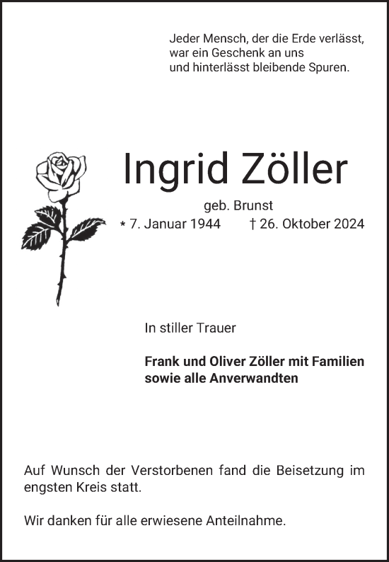 Traueranzeige von Ingrid Zöller von Bergsträßer Anzeiger