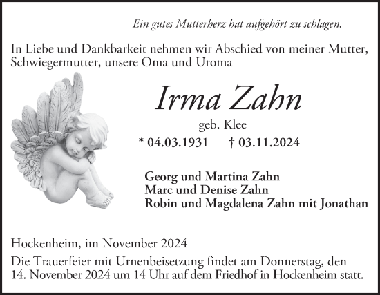 Traueranzeige von Irma Zahn von Schwetzinger Zeitung