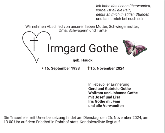 Traueranzeige von Irmgard Gothe von Schwetzinger Zeitung