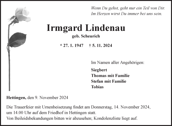 Traueranzeige von Irmgard Lindenau von Fränkische Nachrichten