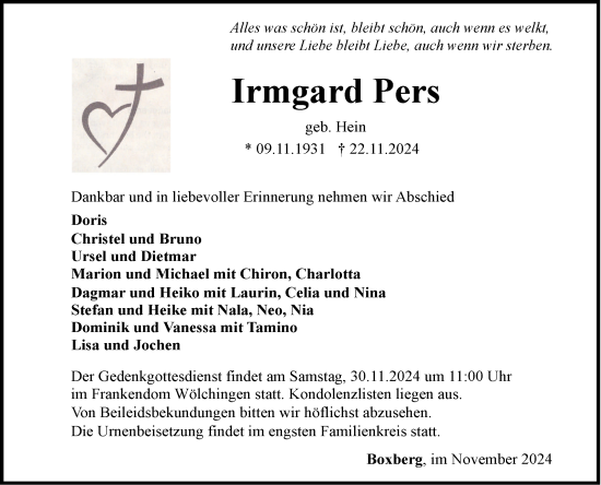 Traueranzeige von Irmgard Pers von Fränkische Nachrichten