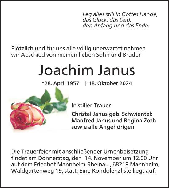 Traueranzeige von Joachim Janus von Mannheimer Morgen