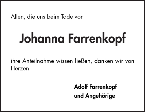 Traueranzeige von Johanna Farrenkopf von Fränkische Nachrichten