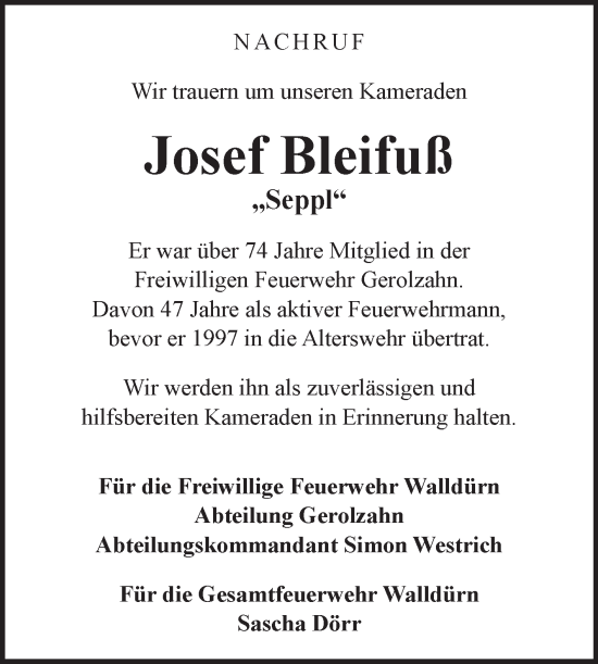 Traueranzeige von Josef Bleifuß von Fränkische Nachrichten