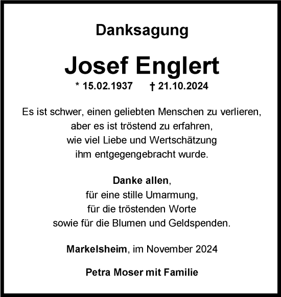 Traueranzeige von Josef Englert von Fränkische Nachrichten