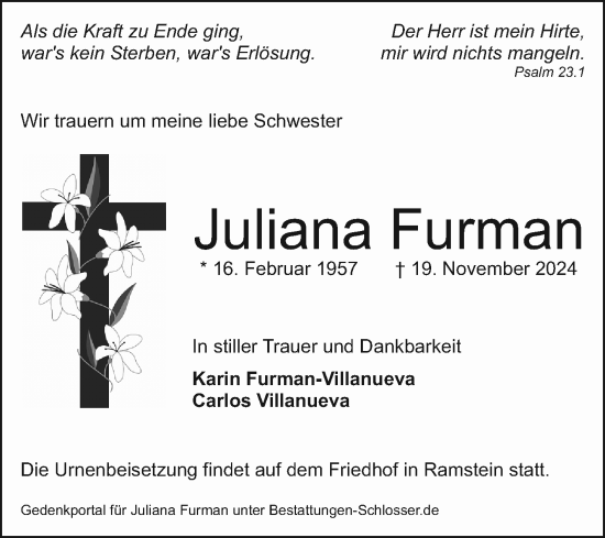 Traueranzeige von Juliana Furman von Mannheimer Morgen