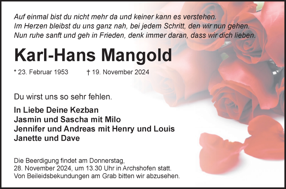  Traueranzeige für Karl-Hans Mangold vom 27.11.2024 aus Fränkische Nachrichten