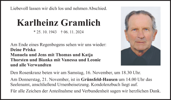 Traueranzeige von Karlheinz Gramlich von Fränkische Nachrichten