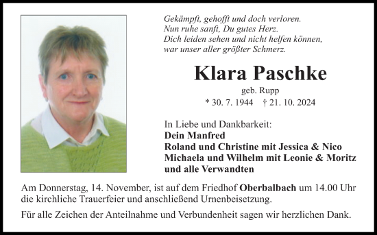 Traueranzeige von Klara Paschke von Fränkische Nachrichten