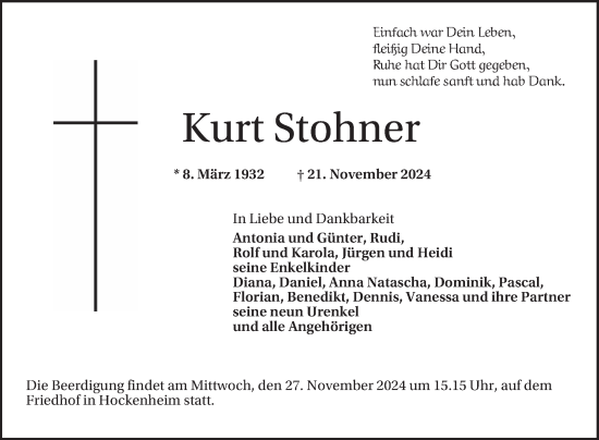 Traueranzeige von Kurt Stohner von Schwetzinger Zeitung