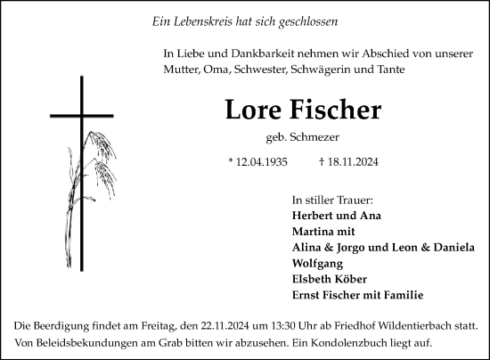 Traueranzeige von Lore Fischer von Fränkische Nachrichten