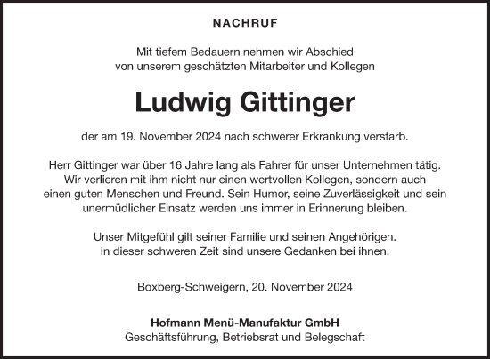 Traueranzeige von Ludwig Gittinger von Fränkische Nachrichten