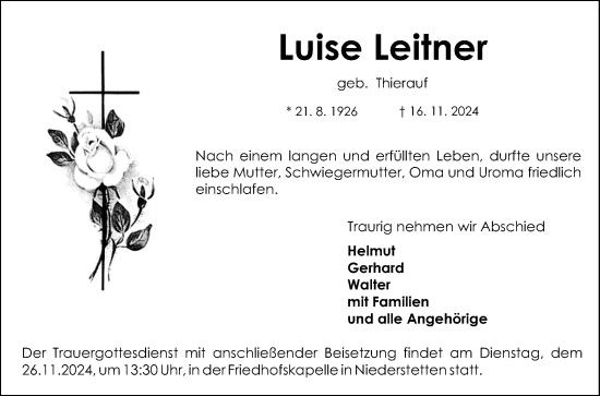 Traueranzeige von Luise Leitner von Fränkische Nachrichten