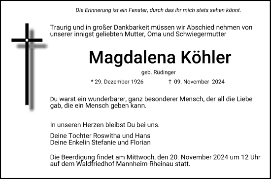 Traueranzeige von Magdalena Köhler von Mannheimer Morgen