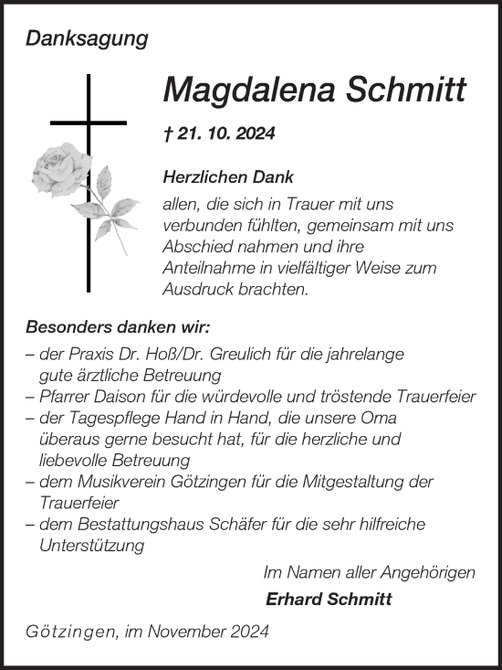 Traueranzeige von Magdalena Schmitt von Fränkische Nachrichten