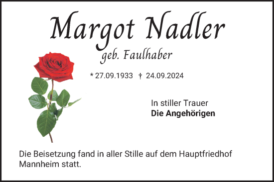 Traueranzeige von Margot Nadler von Mannheimer Morgen