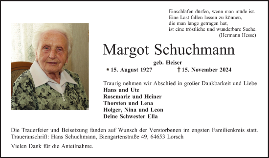 Traueranzeige von Margot Schuchmann von Bergsträßer Anzeiger