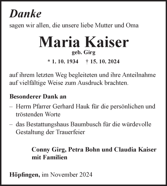 Traueranzeige von Maria Kaiser von Fränkische Nachrichten