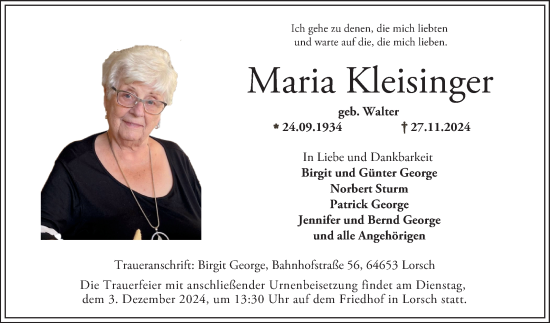 Traueranzeige von Maria Kleisinger von Bergsträßer Anzeiger