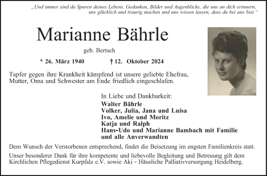 Traueranzeige von Marianne Bährle von Schwetzinger Zeitung