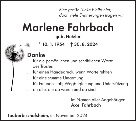 Traueranzeige von Marlene Fahrbach von Fränkische Nachrichten