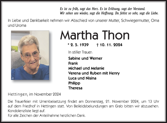 Traueranzeige von Martha Thon von Fränkische Nachrichten