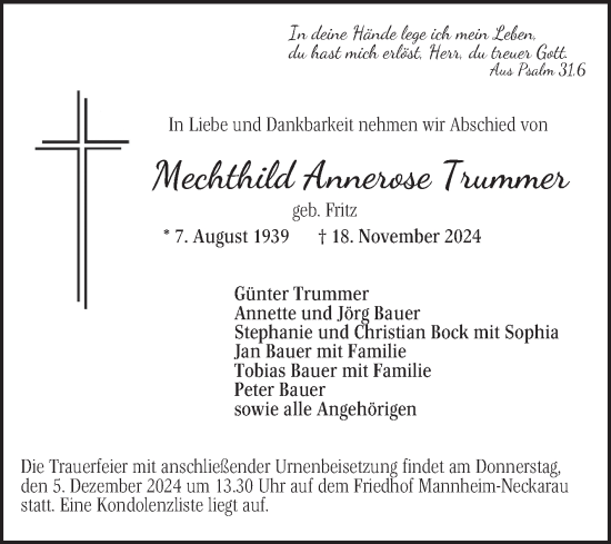 Traueranzeige von Mechthild Annerose Trummer von Mannheimer Morgen