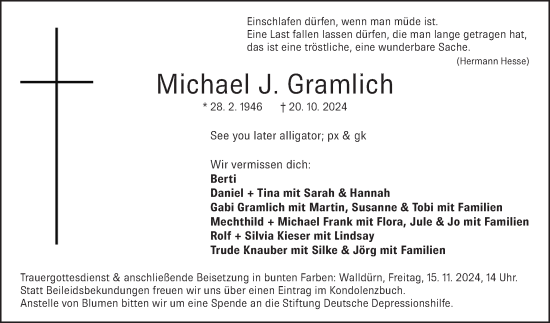 Traueranzeige von Michael Gramlich von Fränkische Nachrichten