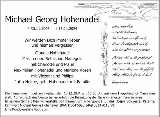 Traueranzeige von Michael Georg Hohenadel von Mannheimer Morgen