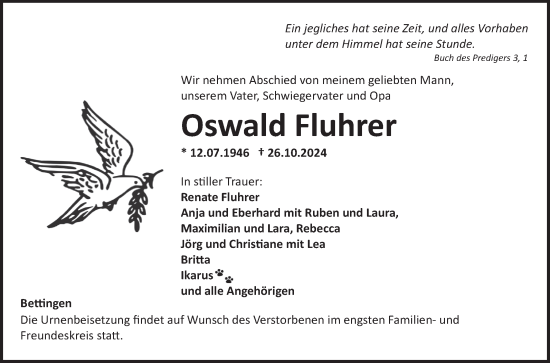 Traueranzeige von Oswald Fluhrer von Fränkische Nachrichten