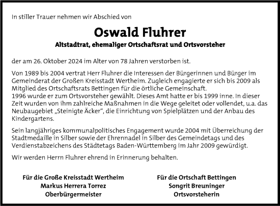 Traueranzeige von Oswald Fluhrer von Fränkische Nachrichten