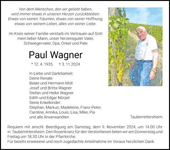 Traueranzeige von Paul Wagner von Fränkische Nachrichten