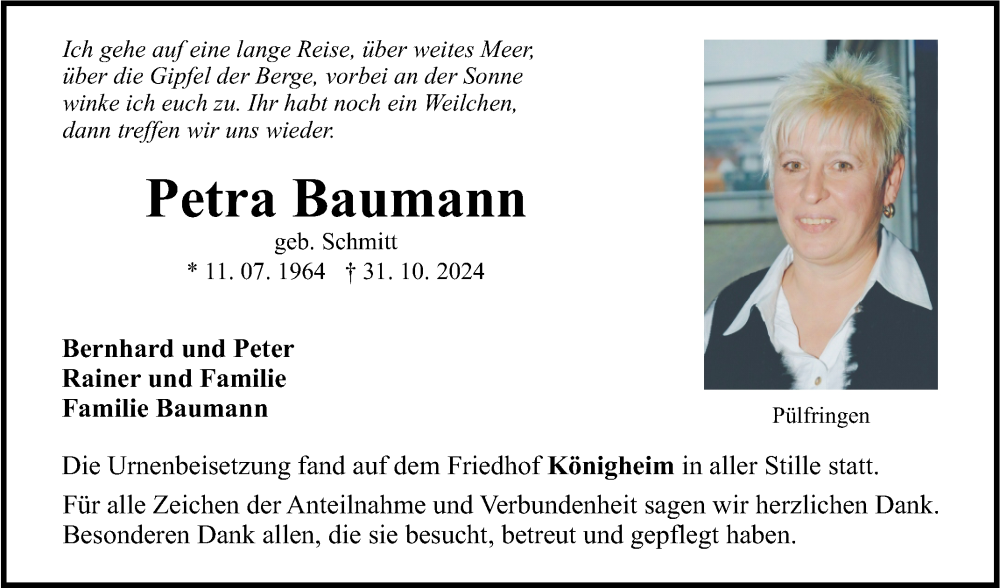  Traueranzeige für Petra Baumann vom 19.11.2024 aus Fränkische Nachrichten