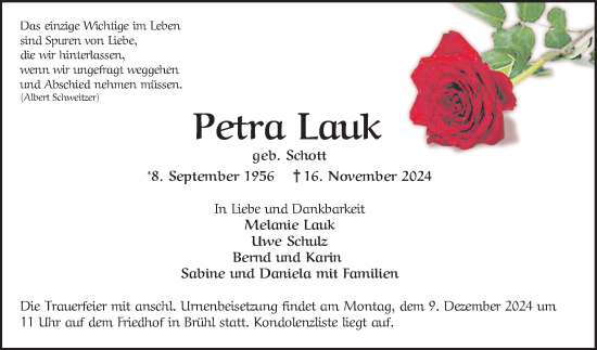 Traueranzeige von Petra Lauk von Schwetzinger Zeitung