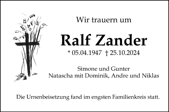 Traueranzeige von Ralf Zander von Mannheimer Morgen