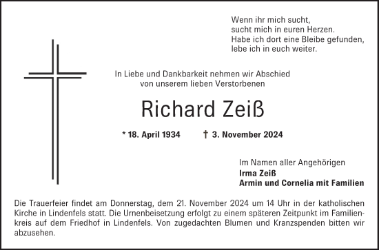 Traueranzeige von Richard Zeiß von Bergsträßer Anzeiger