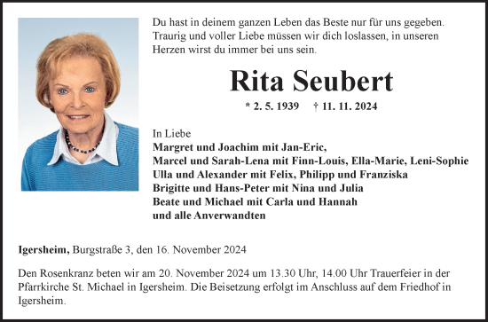 Traueranzeige von Rita Seubert von Fränkische Nachrichten