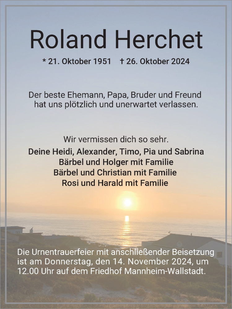  Traueranzeige für Roland Herchet vom 09.11.2024 aus Mannheimer Morgen