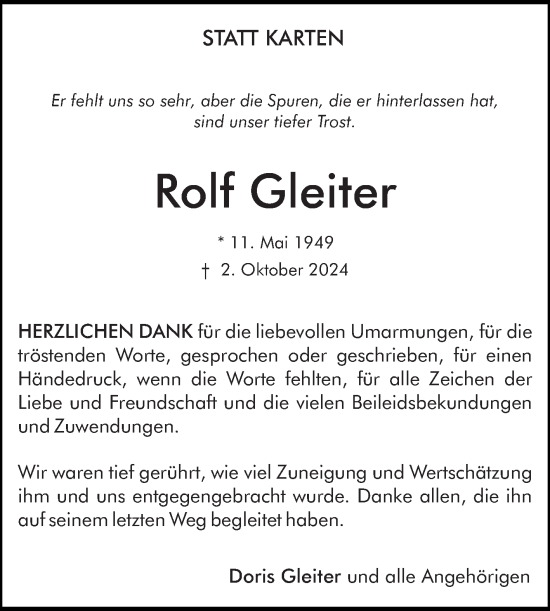 Traueranzeige von Rolf Gleiter von Fränkische Nachrichten