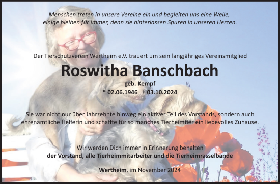 Traueranzeige von Roswitha Banschbach von Fränkische Nachrichten