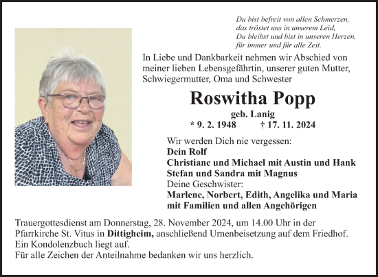 Traueranzeige von Roswitha Popp von Fränkische Nachrichten