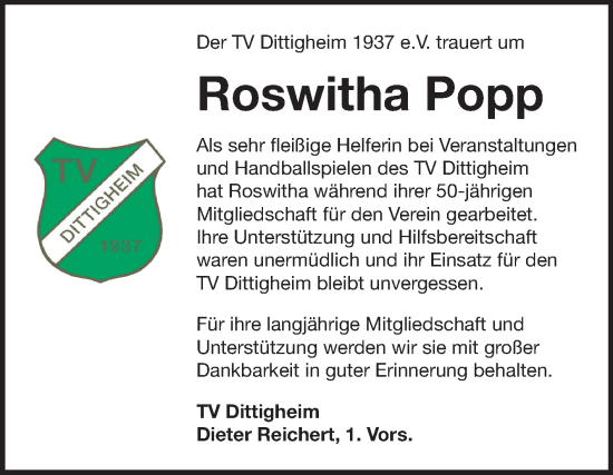 Traueranzeige von Roswitha Popp von Fränkische Nachrichten