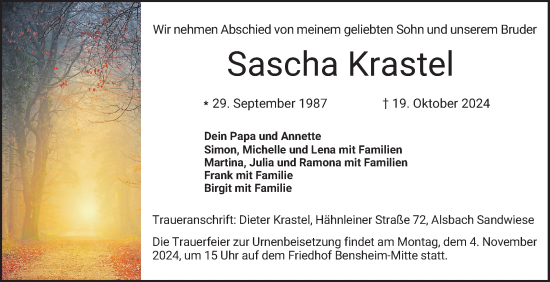 Traueranzeige von Sascha Krastel von Bergsträßer Anzeiger