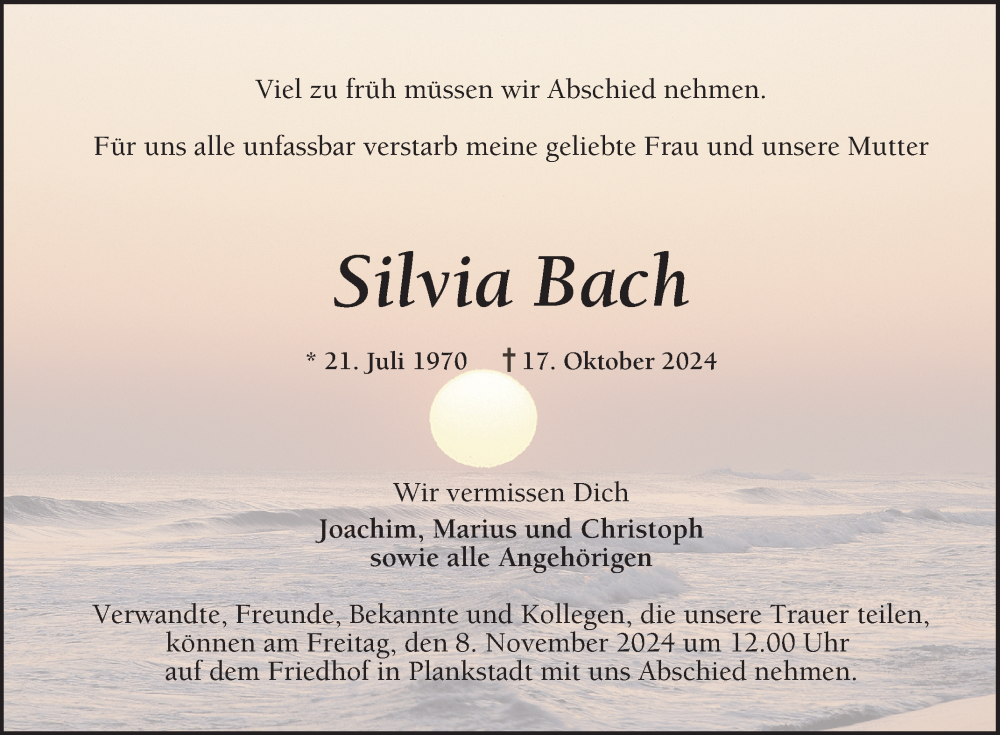  Traueranzeige für Silvia Bach vom 02.11.2024 aus Schwetzinger Zeitung